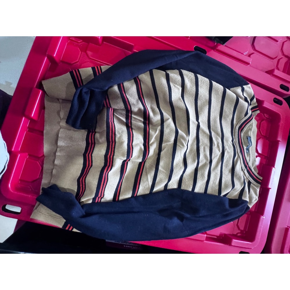THML Womens Striped Colorblock Knit Sweater Tan Navy Orange Crew Neck Size M
